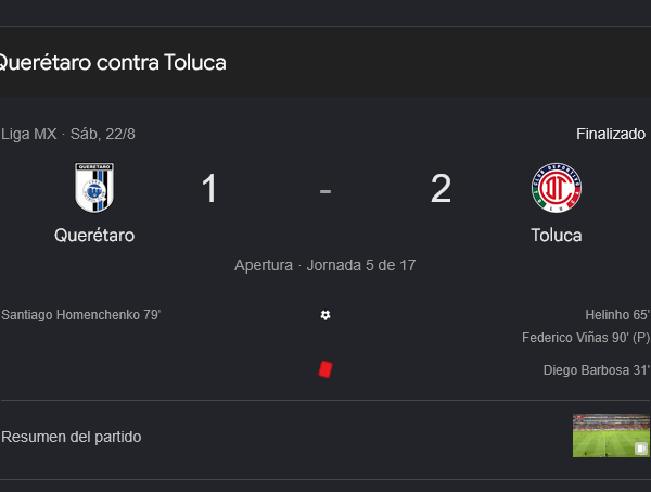 Toluca vence 2-1 a Querétaro con hombre menos en la Jornada 5