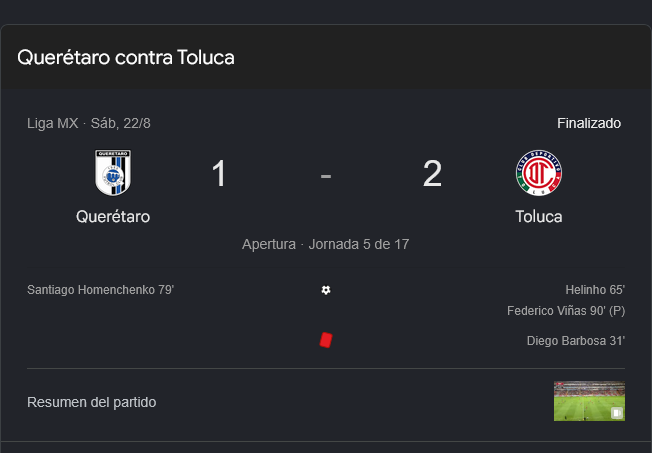 Toluca vence 2-1 a Querétaro con hombre menos en la Jornada 5